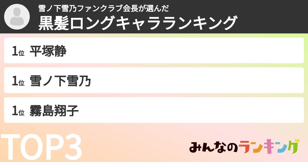 雪ノ下雪乃ファンクラブ会長さんの「黒髪ロングキャラランキング」
