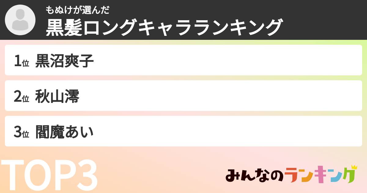 もぬけさんの「黒髪ロングキャラランキング」