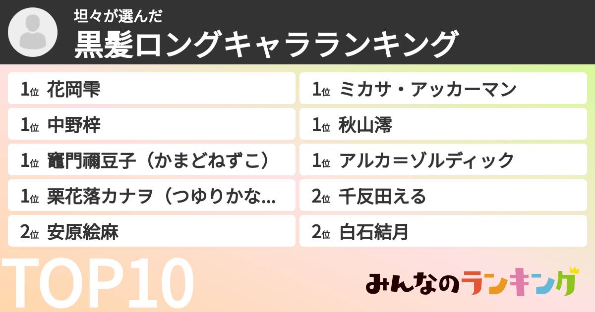 坦々さんの「黒髪ロングキャラランキング」