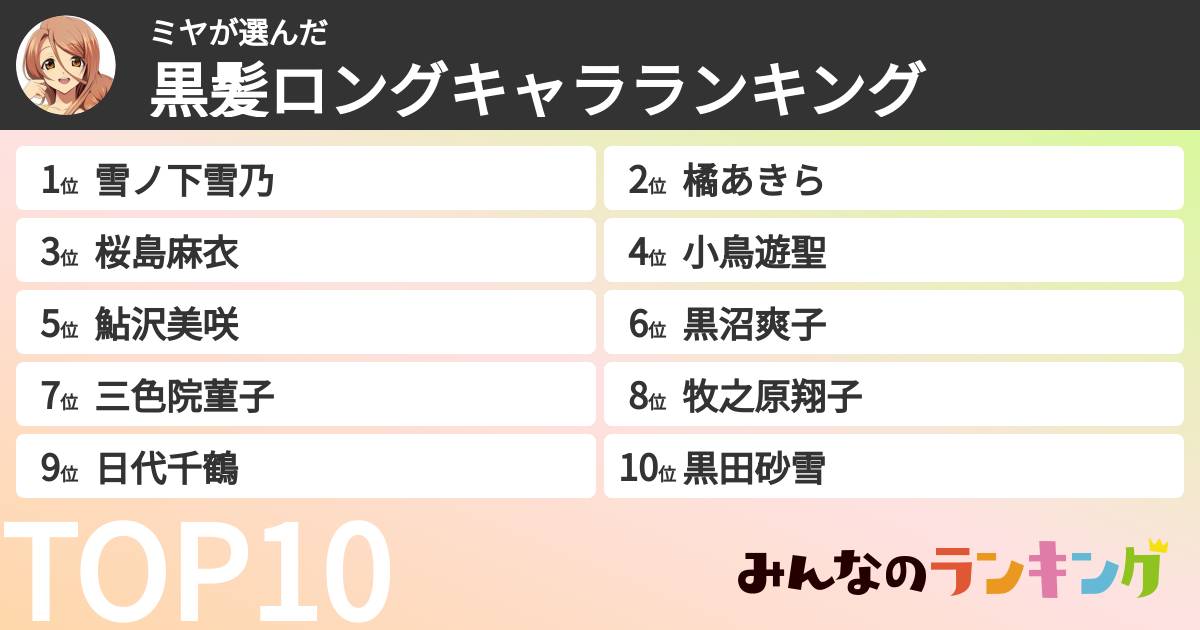 ミヤさんの「黒髪ロングキャラランキング」