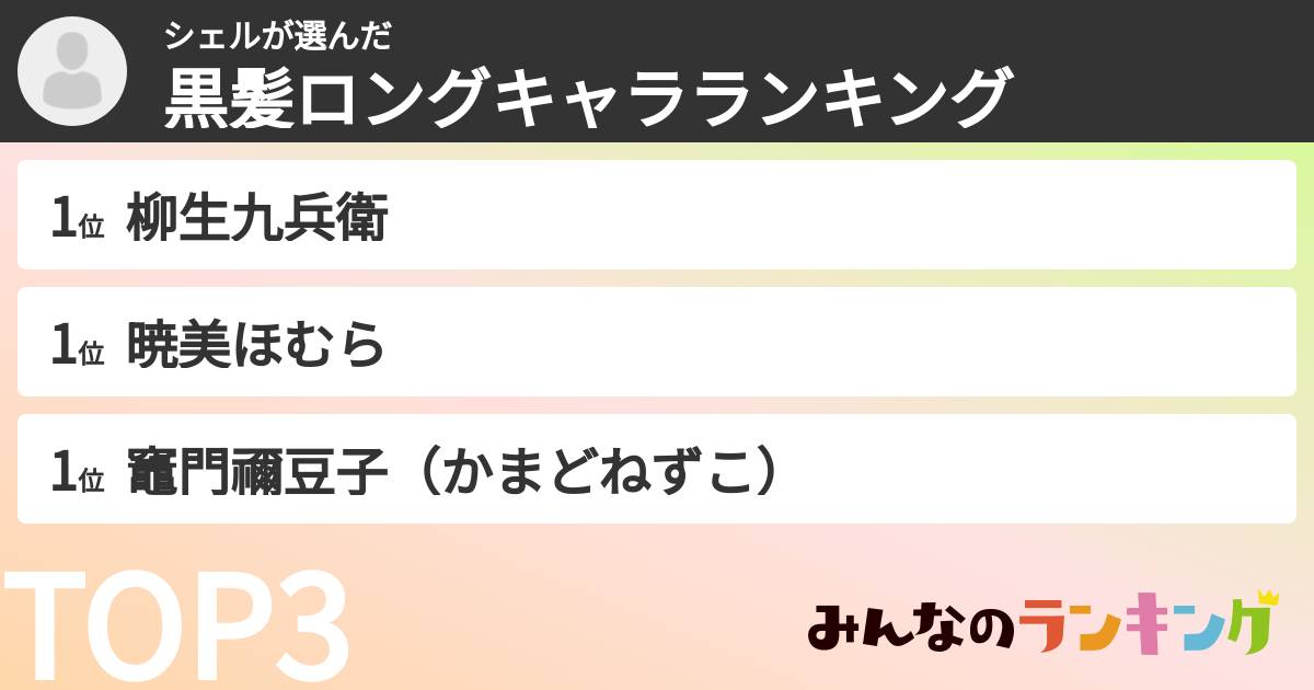 シェルさんの「黒髪ロングキャラランキング」
