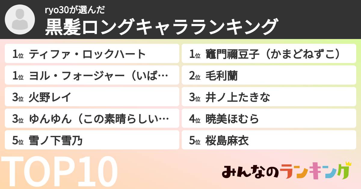 ryo30さんの「黒髪ロングキャラランキング」