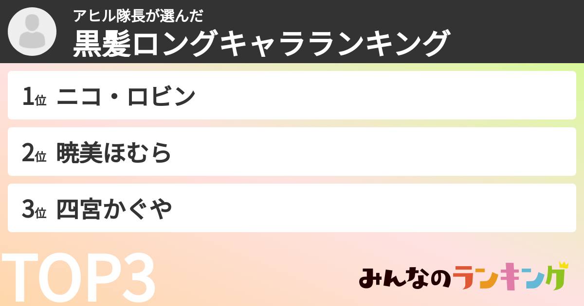 アヒル隊長さんの「黒髪ロングキャラランキング」