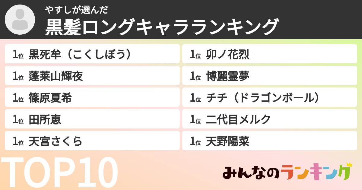やすしさんの「黒髪ロングキャラランキング」