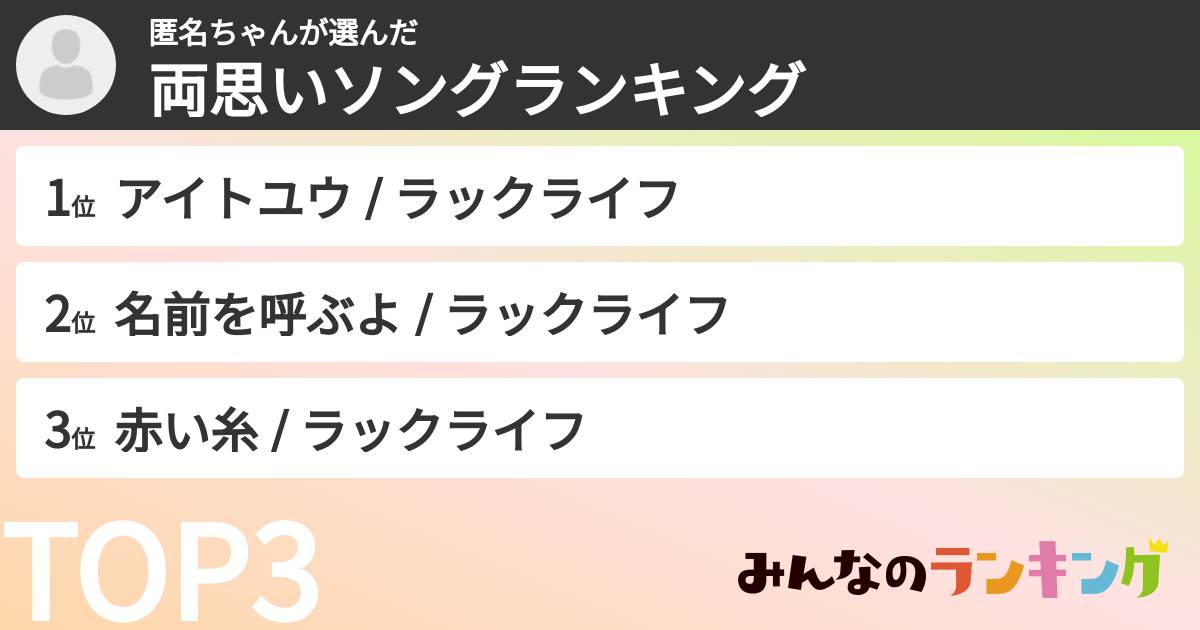 匿名ちゃんさんの「両思いソングランキング」