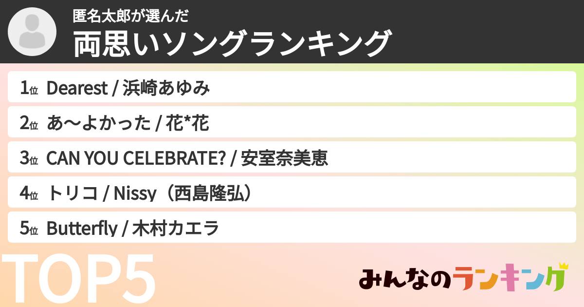 匿名太郎さんの「両思いソングランキング」