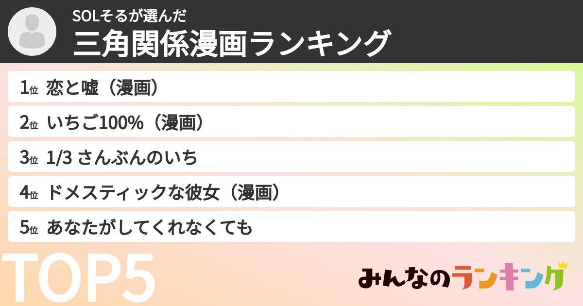 SOLそるさんの「三角関係漫画ランキング」