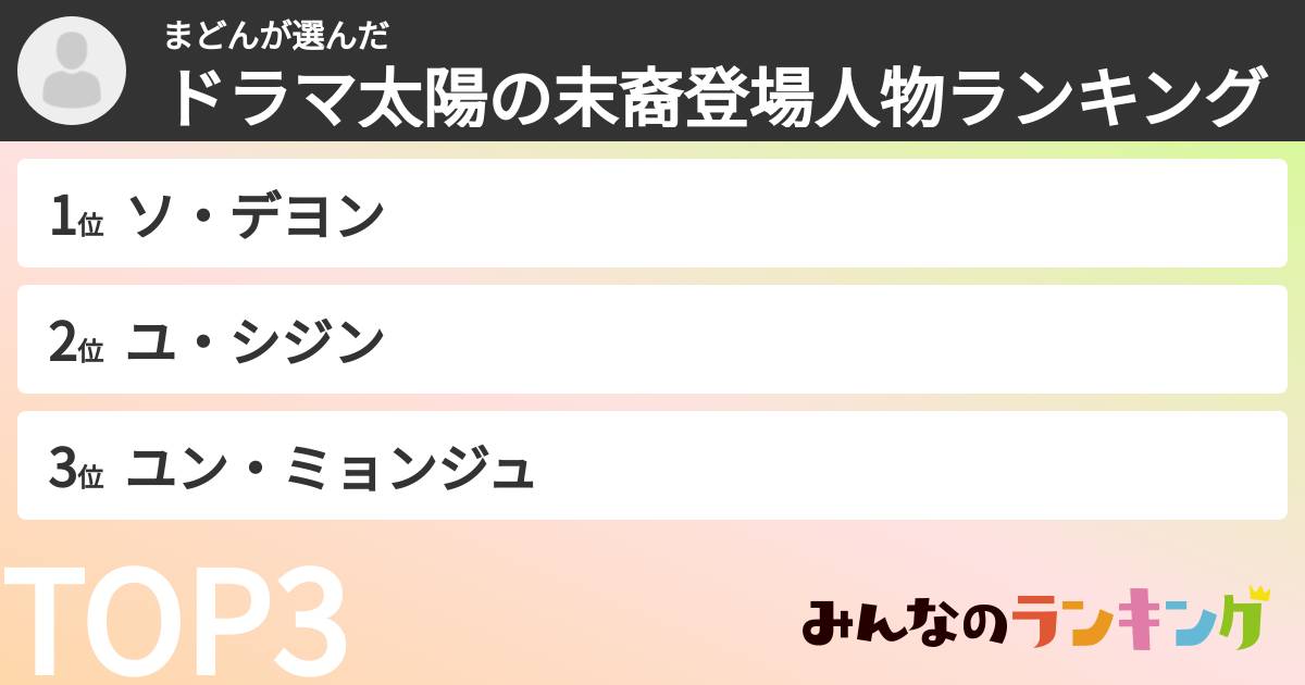 まどんさんの「ドラマ太陽の末裔登場人物ランキング」