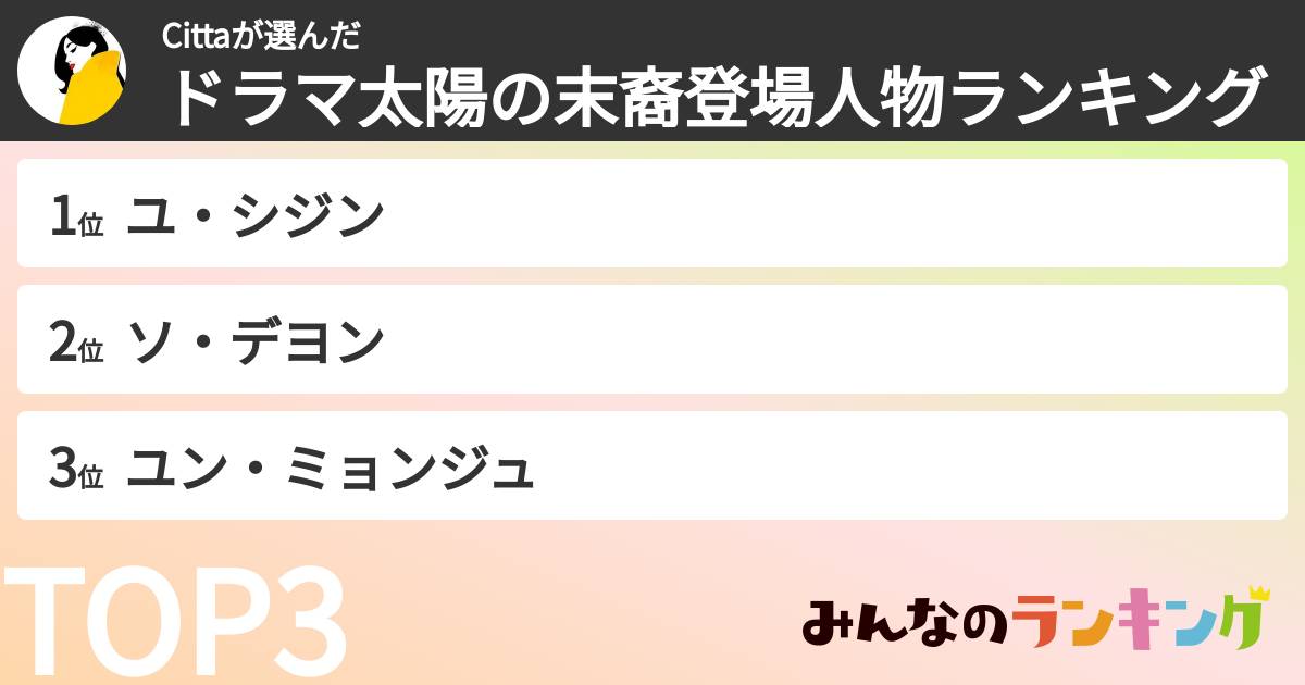 Cittaさんの「ドラマ太陽の末裔登場人物ランキング」
