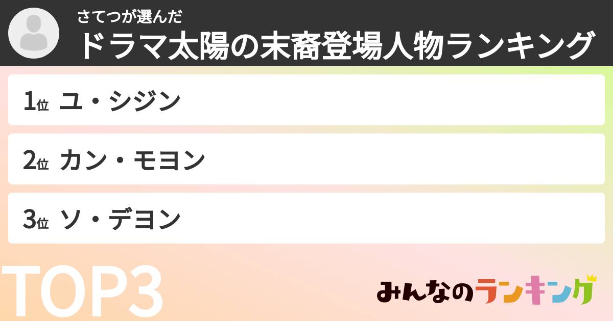 さてつさんの「ドラマ太陽の末裔登場人物ランキング」
