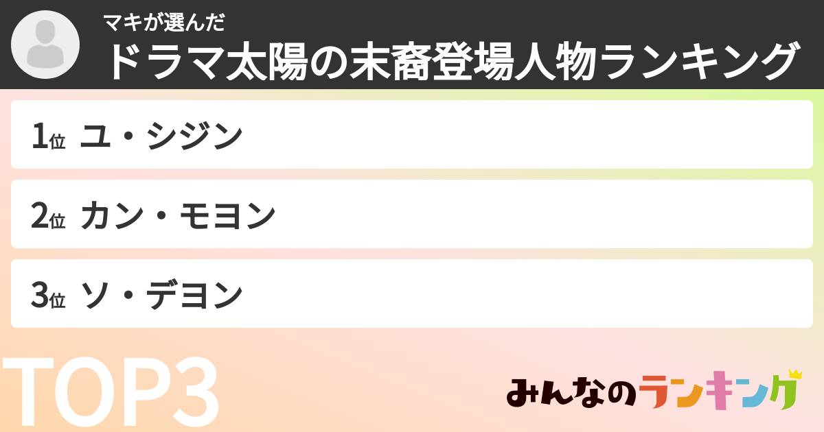 マキさんの「ドラマ太陽の末裔登場人物ランキング」