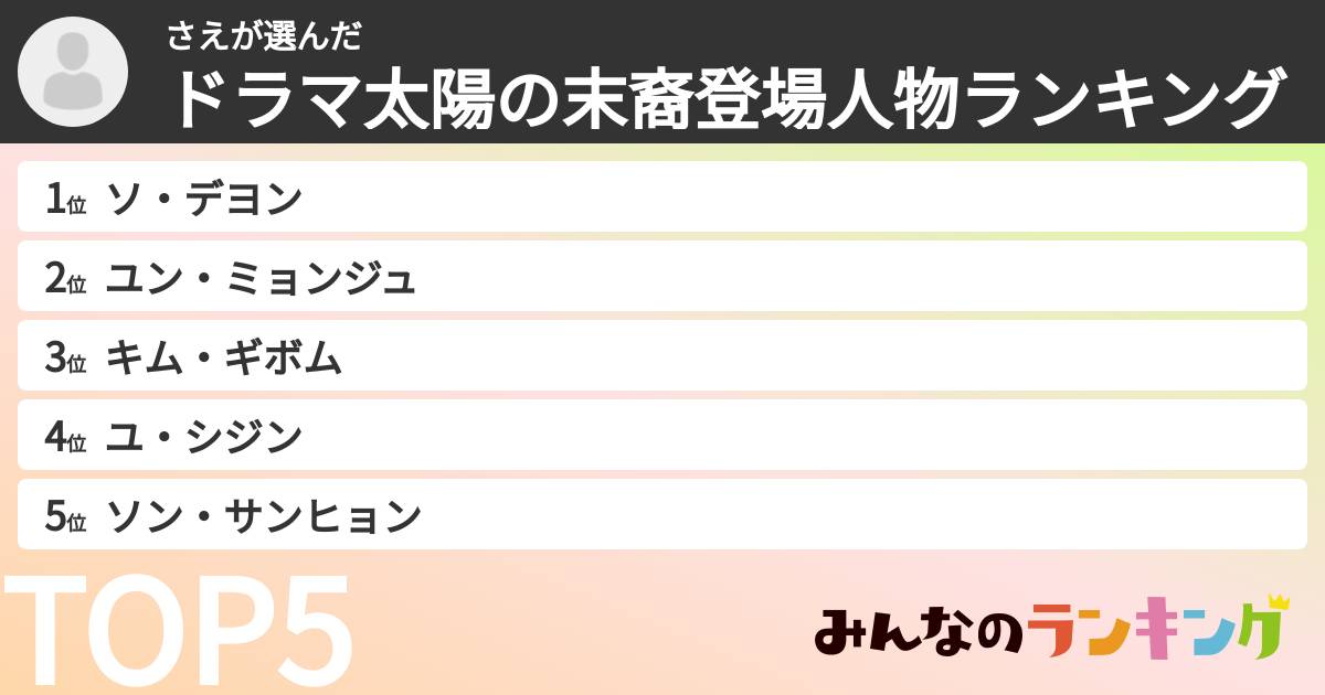 さえさんの「ドラマ太陽の末裔登場人物ランキング」