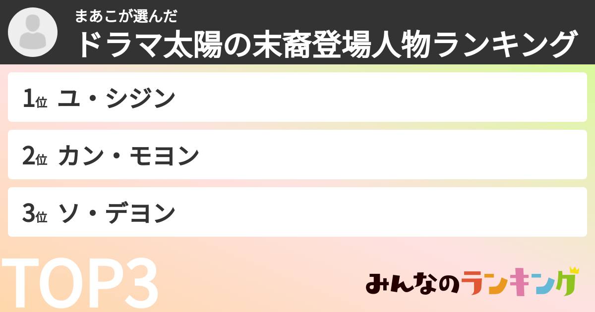 まあこさんの「ドラマ太陽の末裔登場人物ランキング」