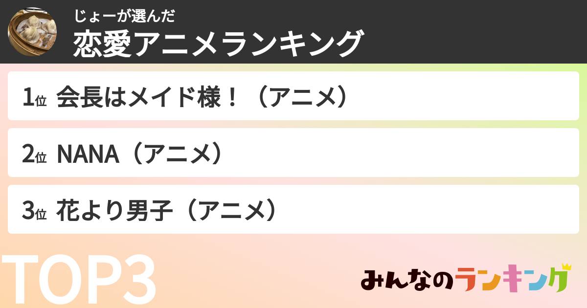 じょーさんの「恋愛アニメランキング」