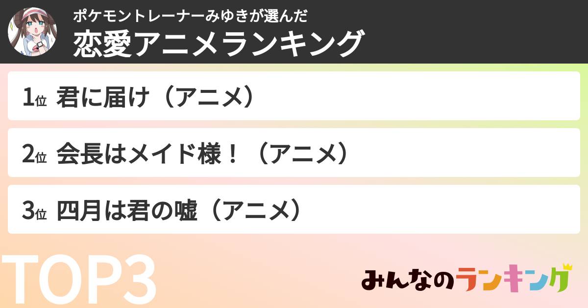 ポケモントレーナーみゆきさんの「恋愛アニメランキング」