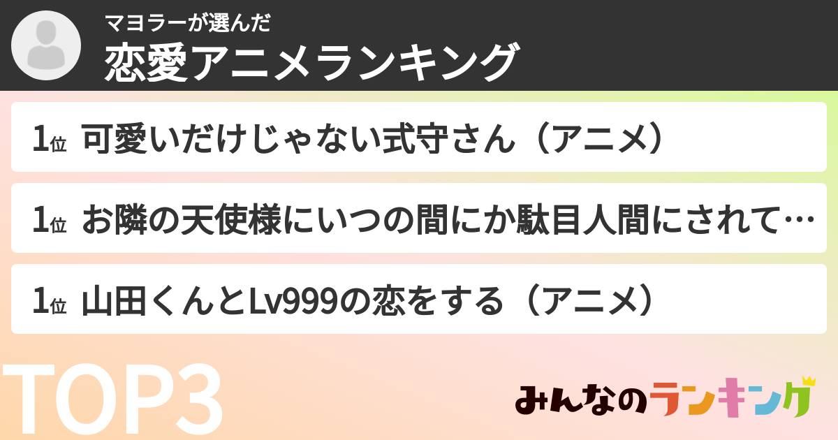 マヨラーさんの「恋愛アニメランキング」