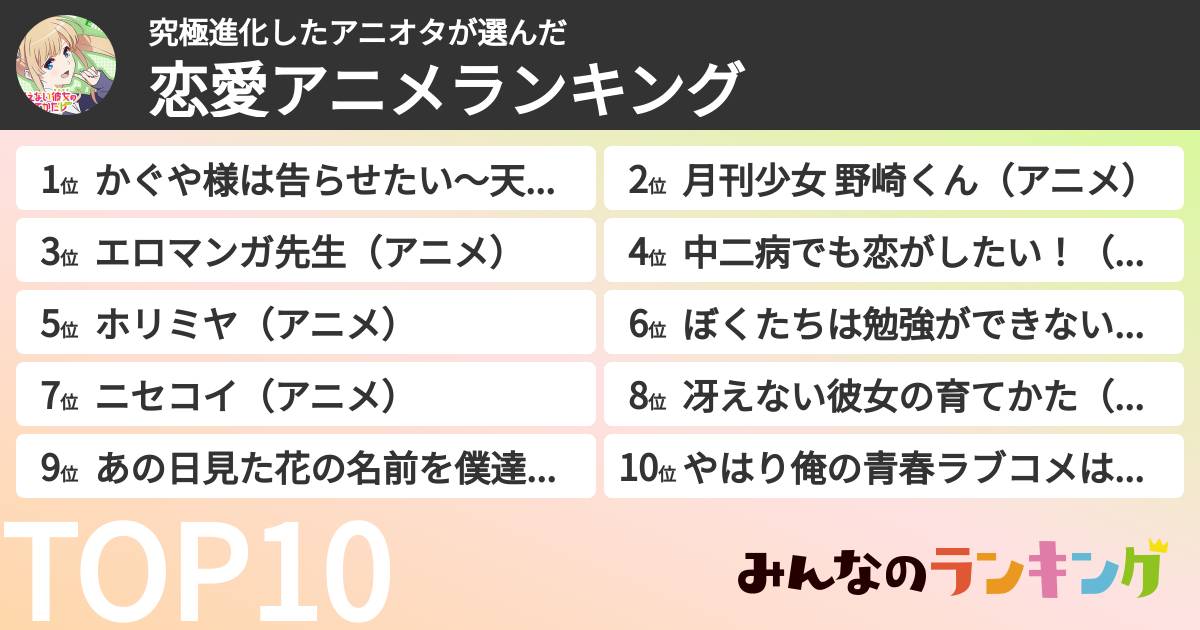 究極進化したアニオタさんの「恋愛アニメランキング」