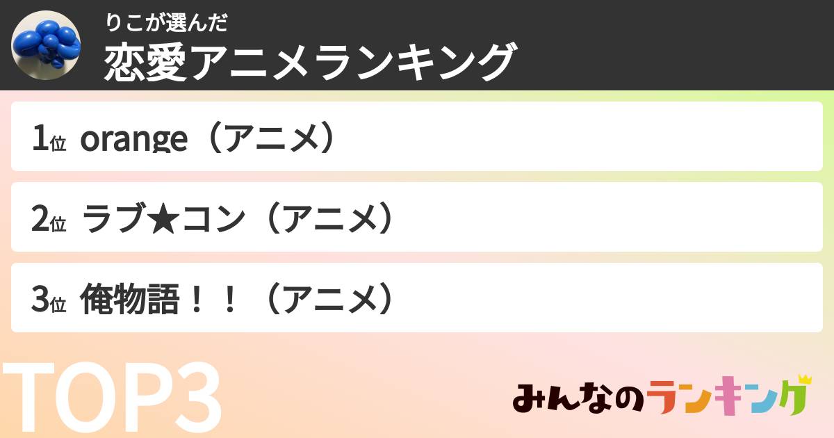 りこさんの「恋愛アニメランキング」