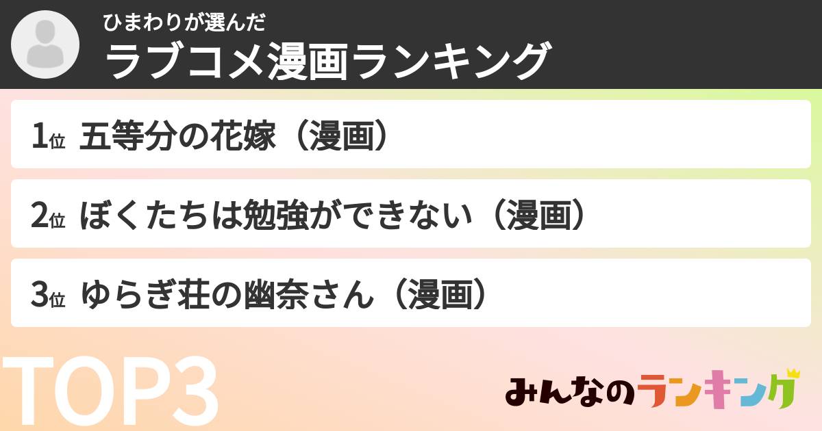 ひまわりさんの「ラブコメ漫画ランキング」
