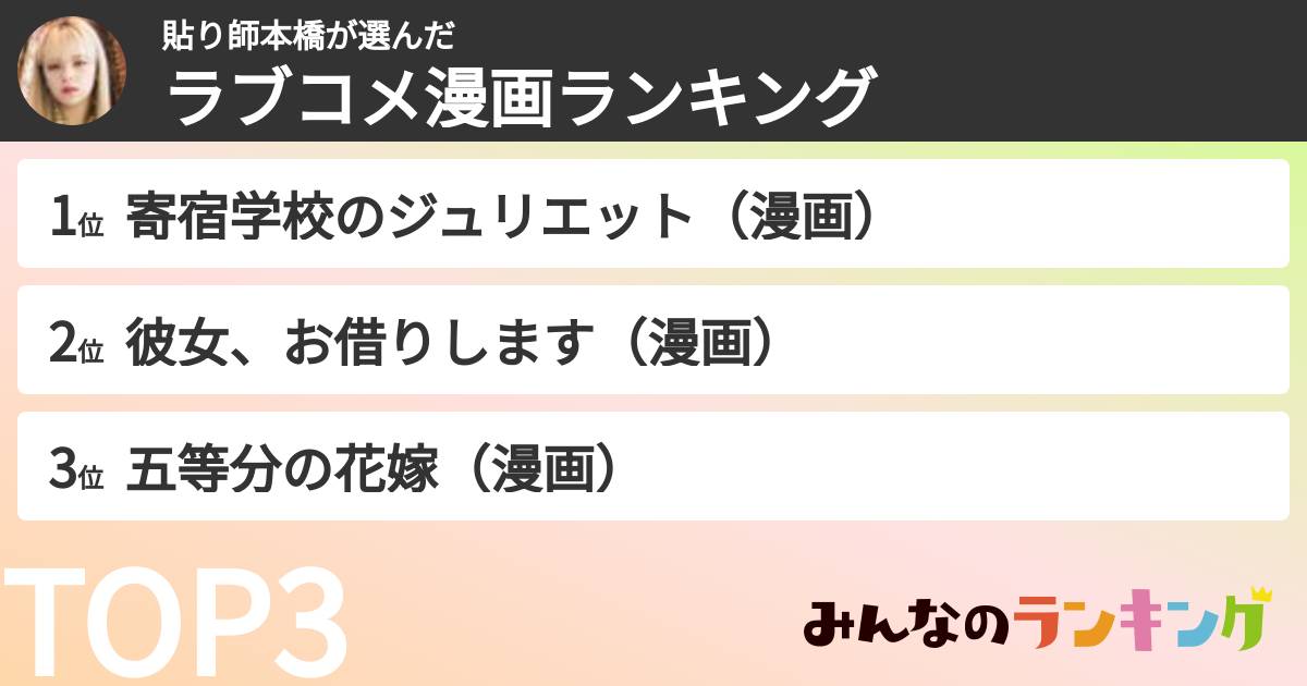 貼り師本橋さんの「ラブコメ漫画ランキング」
