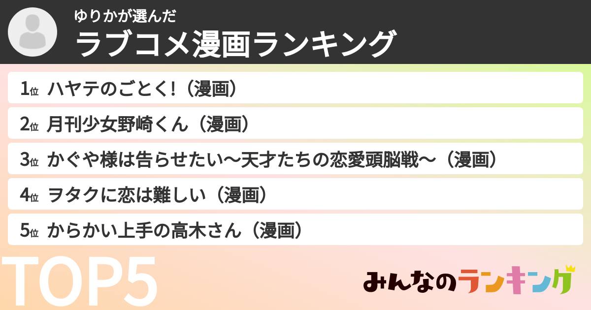 ゆりかさんの「ラブコメ漫画ランキング」