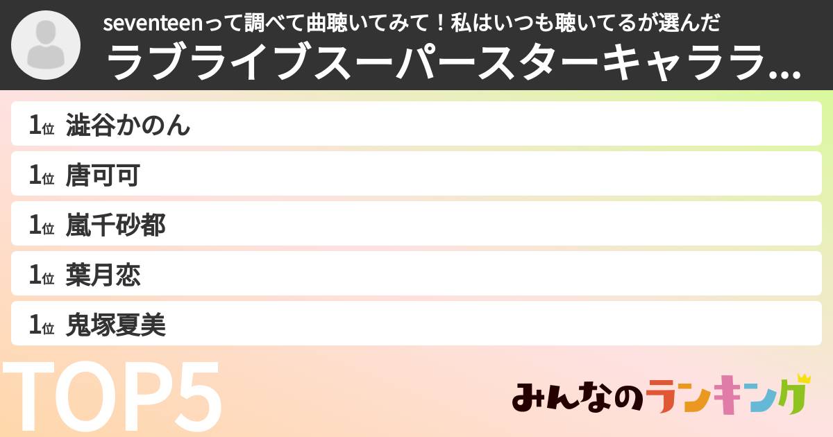 seventeenって調べて曲聴いてみて!私はいつも聴いてるさんの「ラブライブスーパースターキャラランキング」