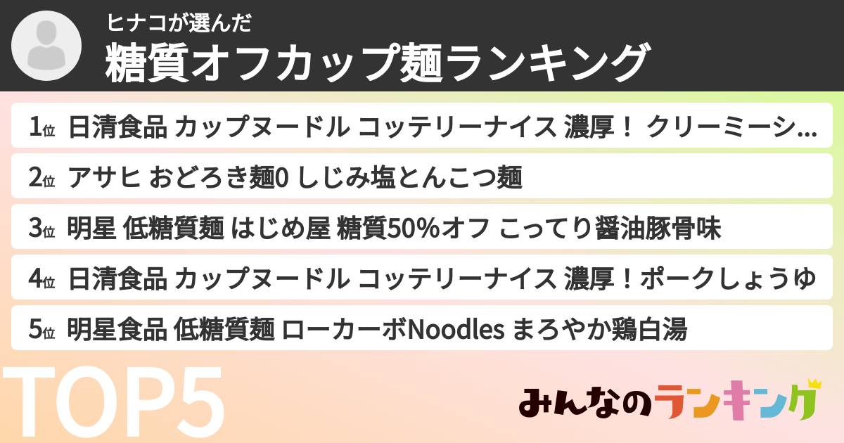 ヒナコさんの「糖質オフカップ麺ランキング」