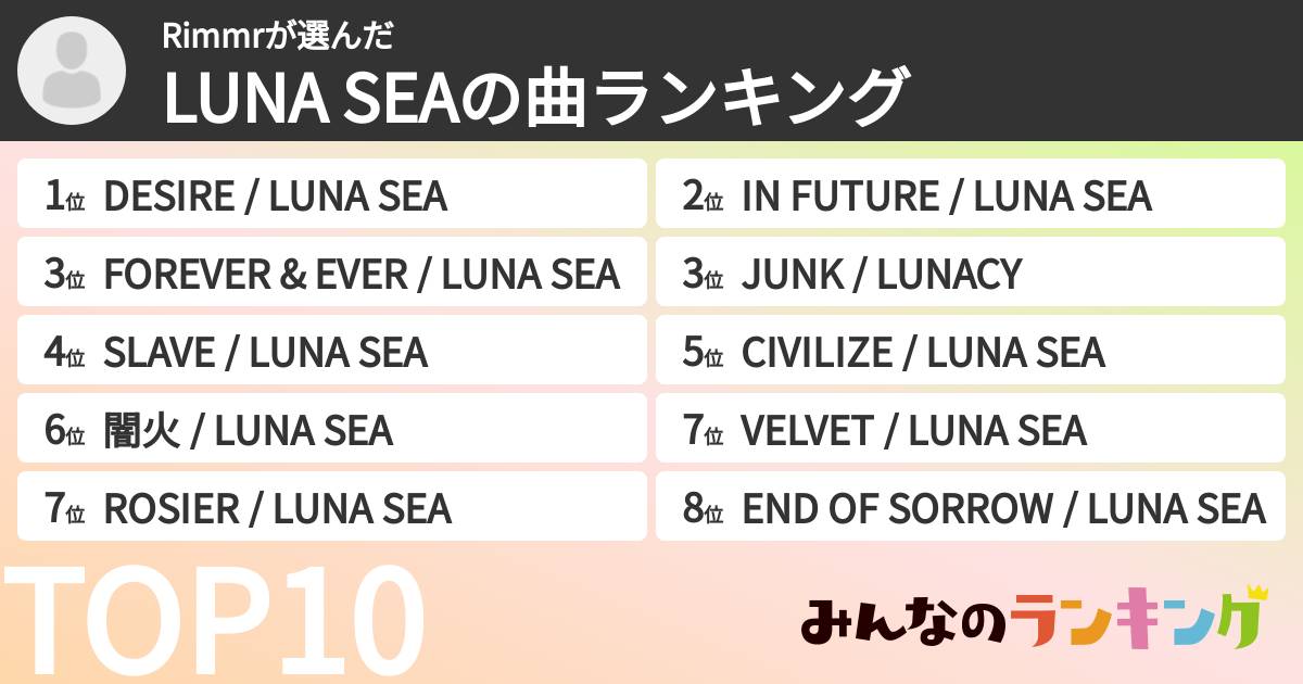 Rimmrさんの「LUNA SEAの曲ランキング」