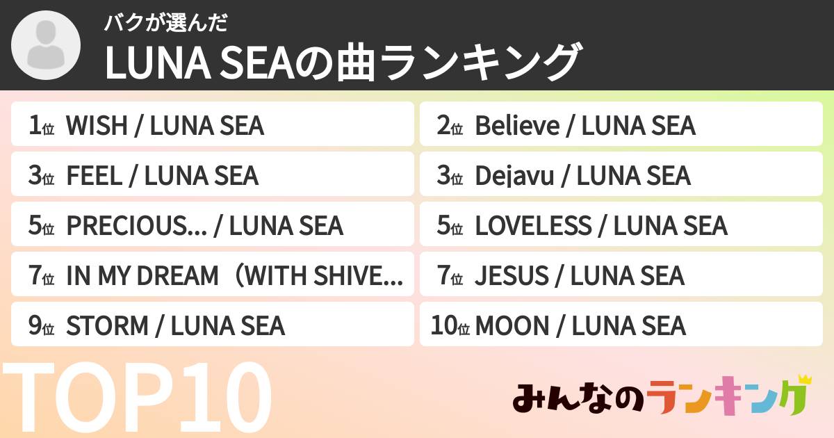 バクさんの「LUNA SEAの曲ランキング」