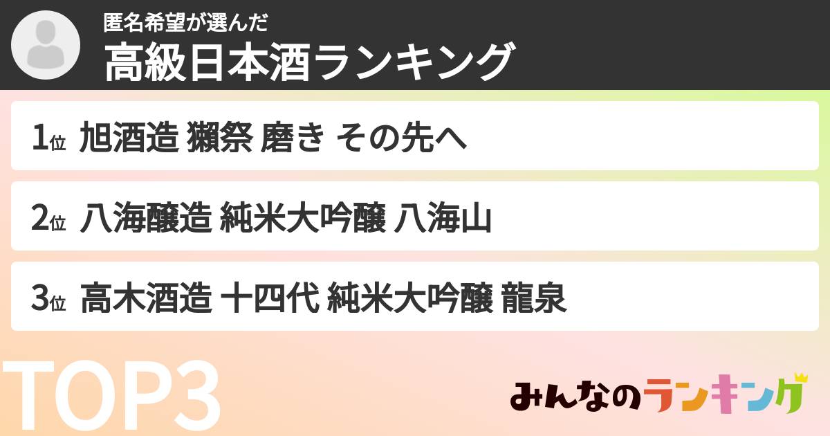匿名希望さんの「高級日本酒ランキング」