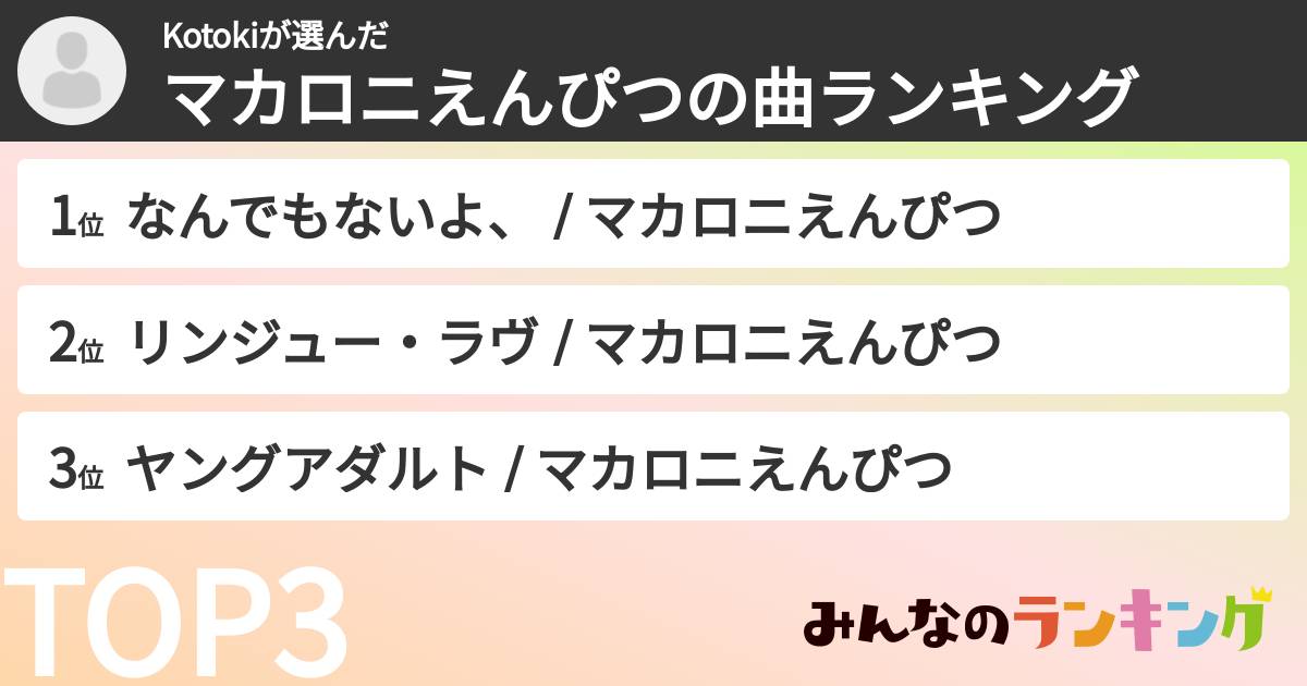 Kotokiさんの「マカロニえんぴつの曲ランキング」