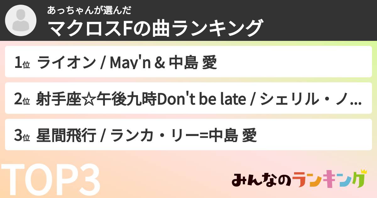 あっちゃんさんの「マクロスFの曲ランキング」