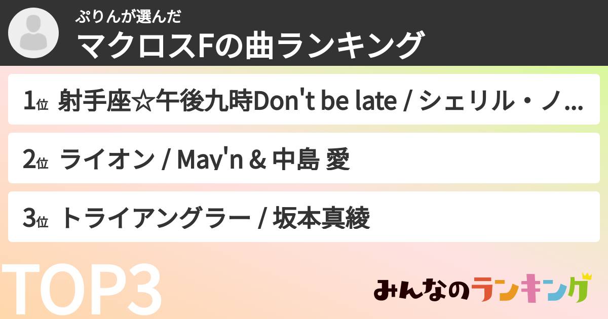 ぷりんさんの「マクロスFの曲ランキング」