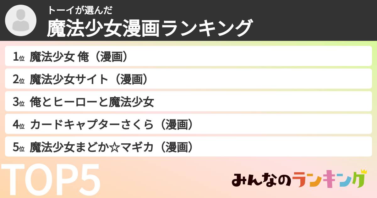 トーイさんの「魔法少女漫画ランキング」