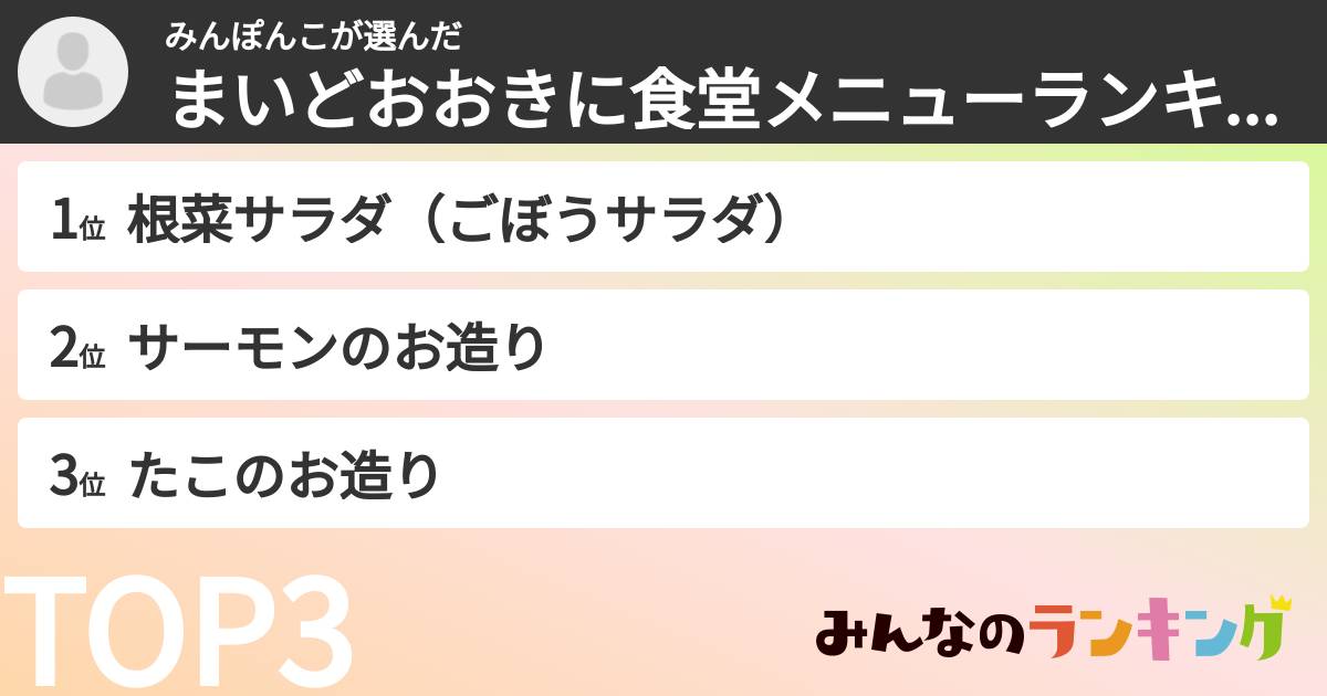 みんぽんこさんの「まいどおおきに食堂メニューランキング」