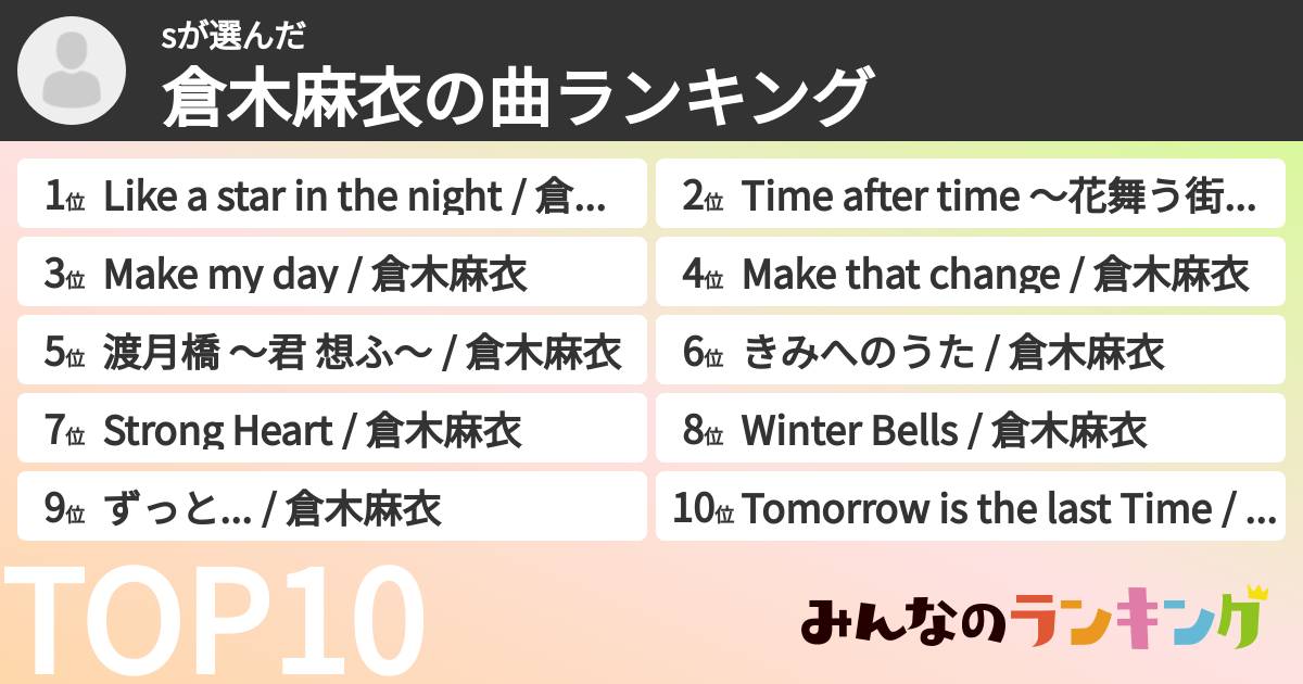 sさんの「倉木麻衣の曲ランキング」