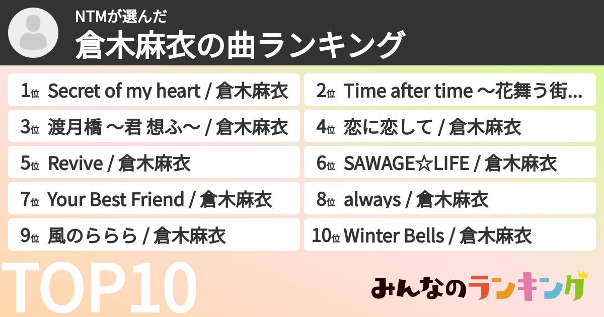 NTMさんの「倉木麻衣の曲ランキング」