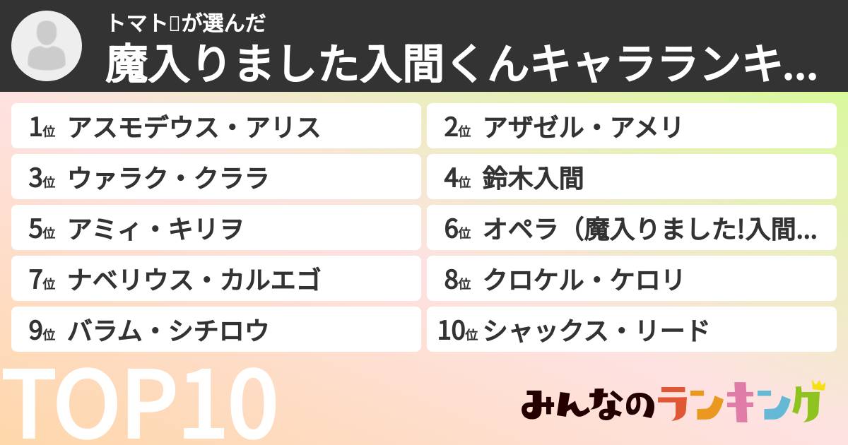 トマト🍅さんの「魔入りました入間くんキャラランキング」