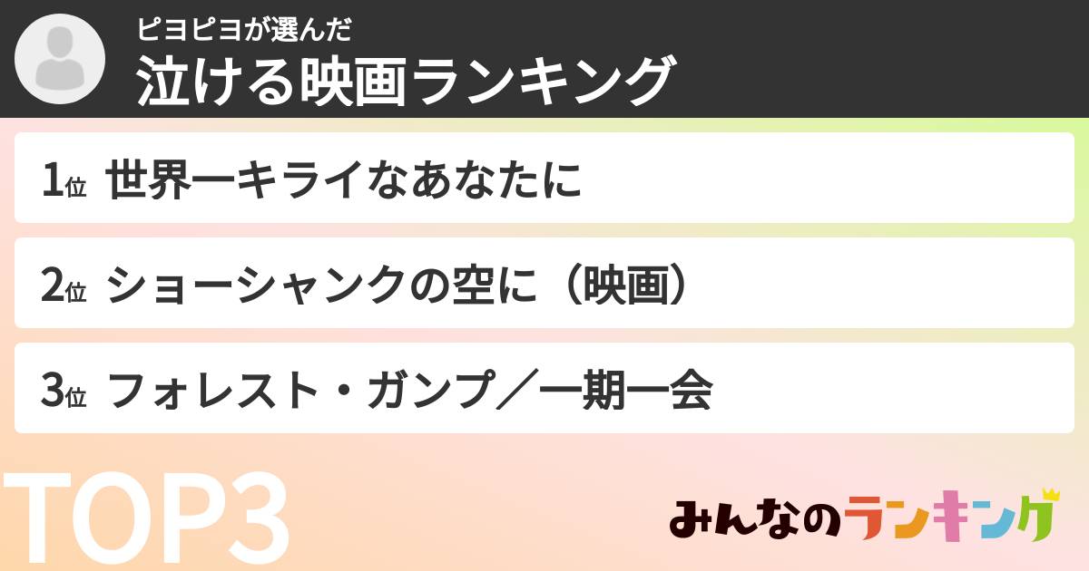 ピヨピヨさんの「泣ける映画ランキング」