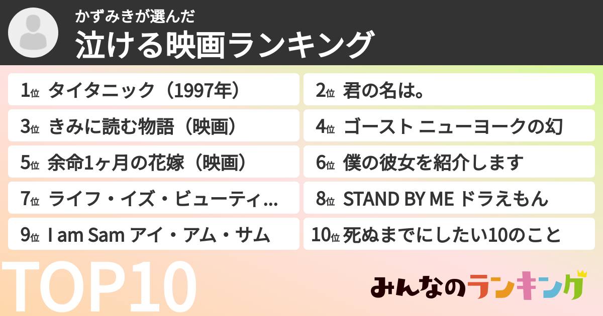 かずみきさんの「泣ける映画ランキング」