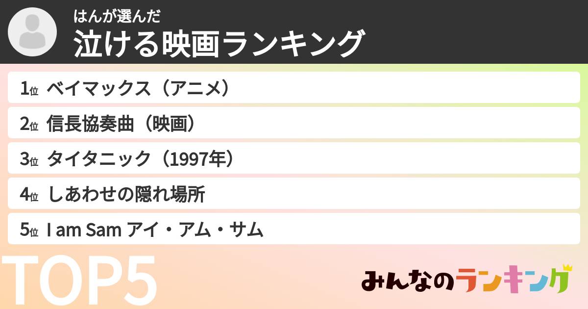 はんさんの「泣ける映画ランキング」