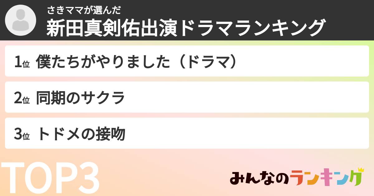 さきママさんの「新田真剣佑出演ドラマランキング」