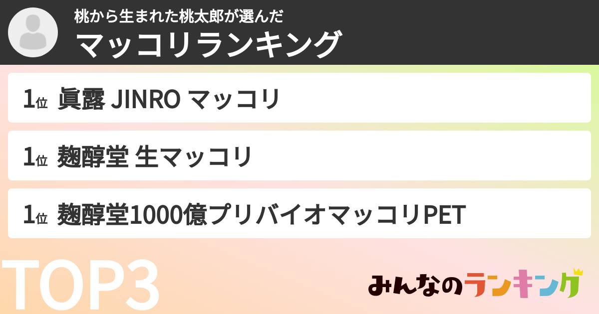 桃から生まれた桃太郎さんの「マッコリランキング」