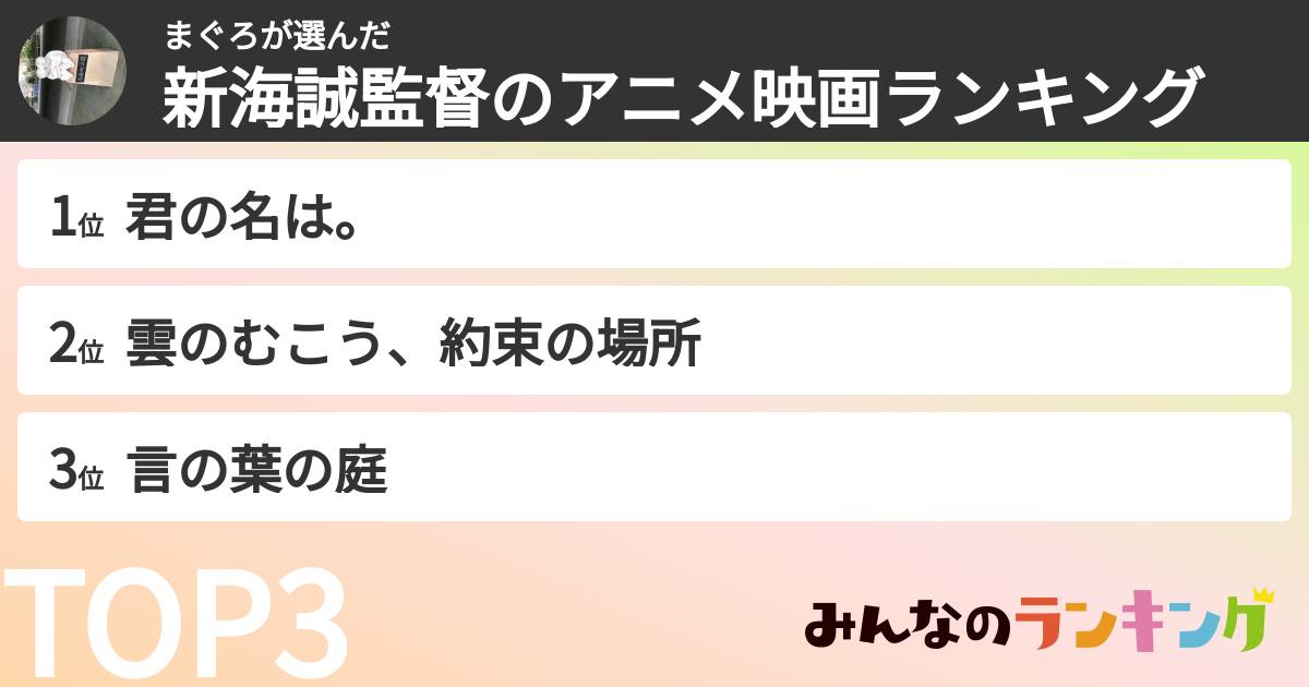 まぐろさんの「新海誠監督のアニメ映画ランキング」