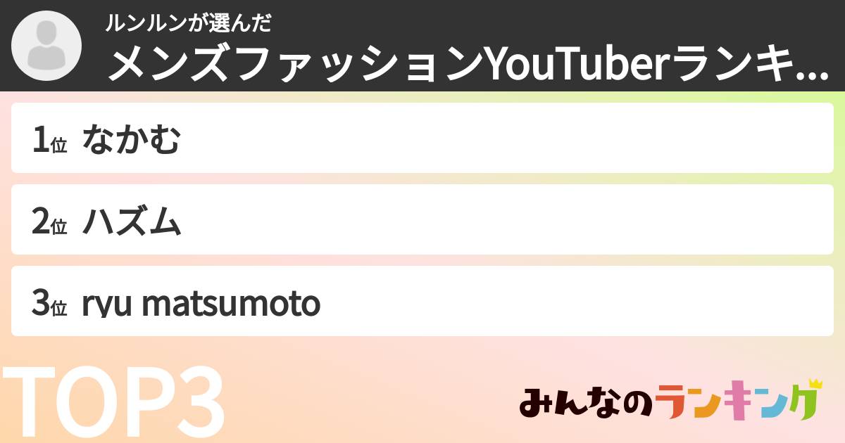 ルンルンさんの「メンズファッションYouTuberランキング」