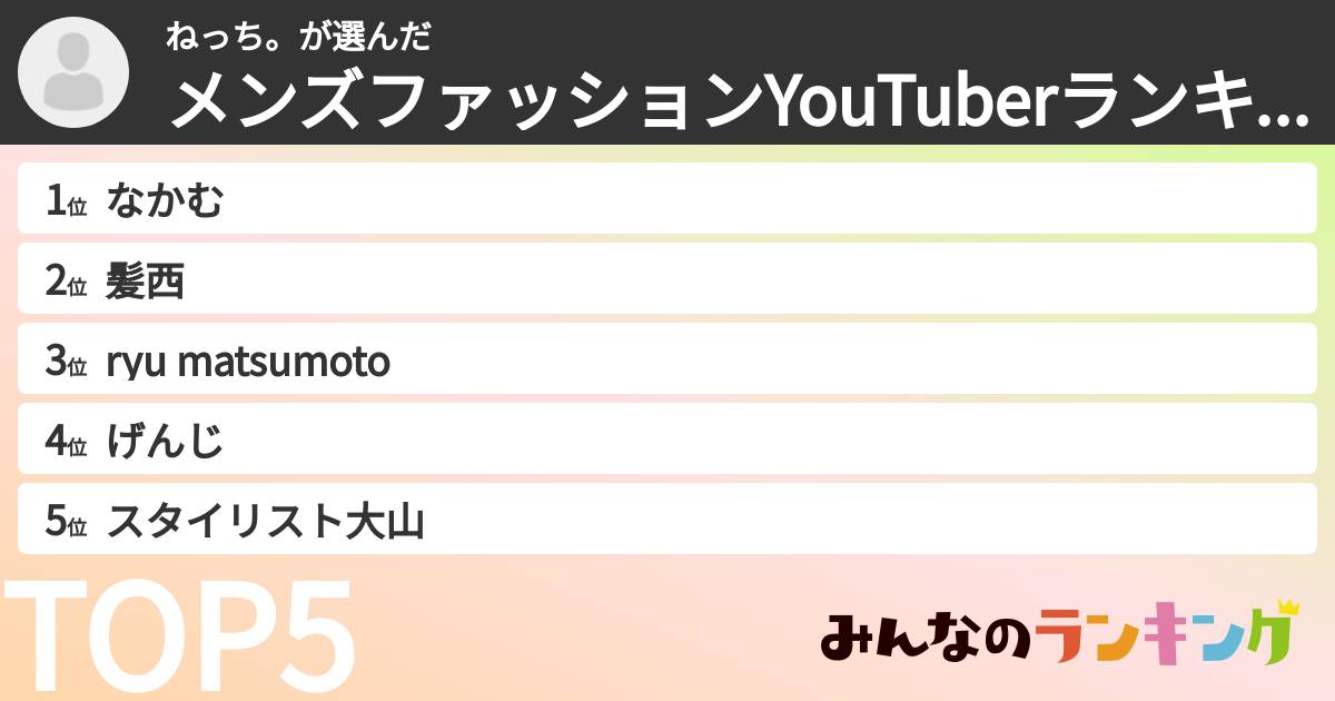 ねっち。さんの「メンズファッションYouTuberランキング」