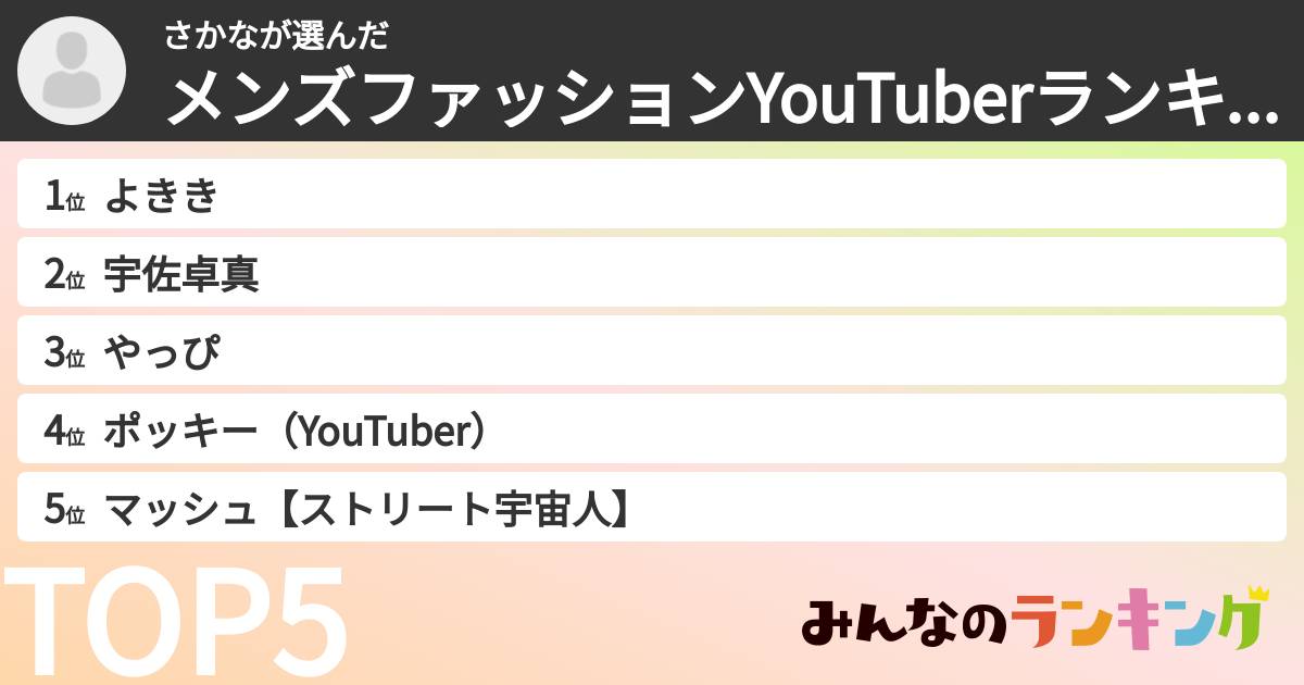 さかなさんの「メンズファッションYouTuberランキング」