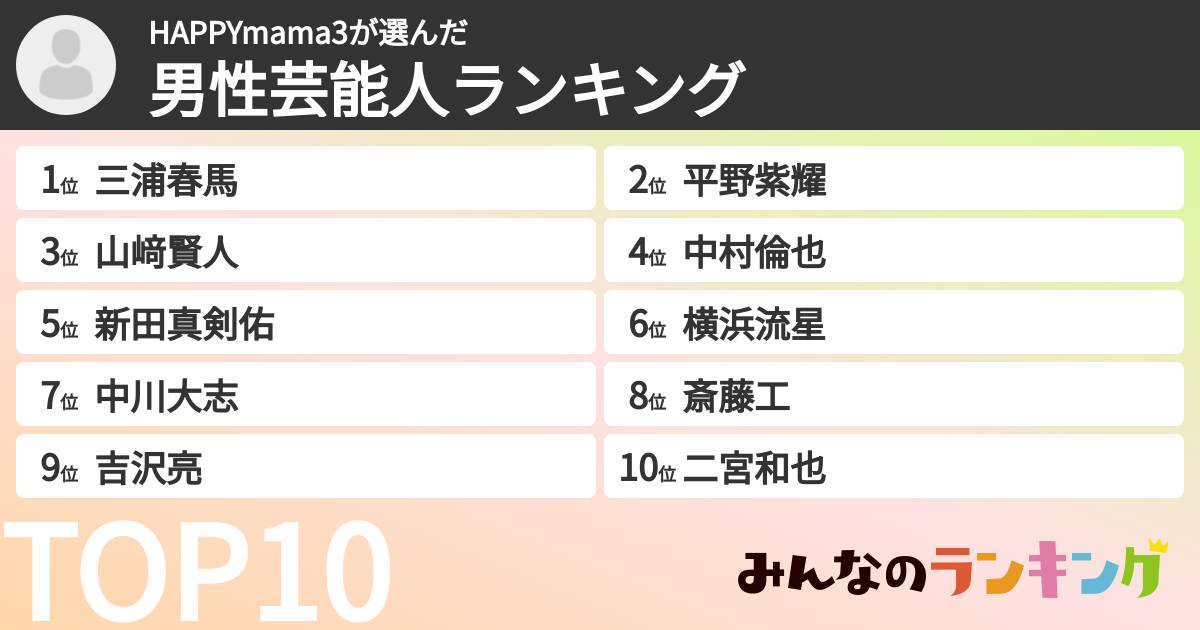 HAPPYmama3さんの「男性芸能人ランキング」