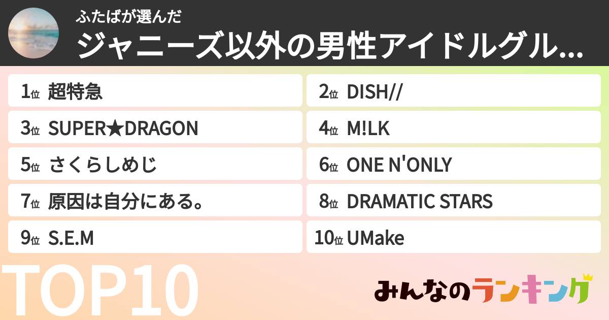 ふたばさんの「ジャニーズ以外の男性アイドルグループランキング」