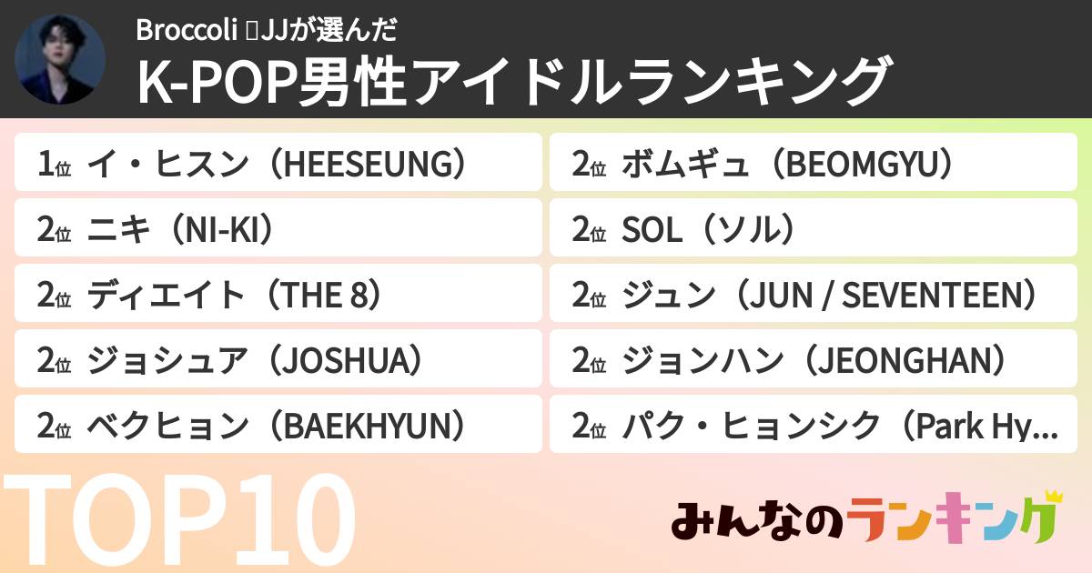 Broccoli 💜JJさんの「K-POP男性アイドルランキング」